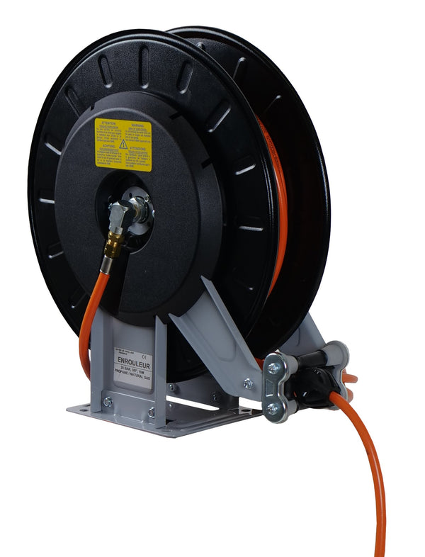 Ripack swivel gas hose winder/feeder with orange propane hose on the reel