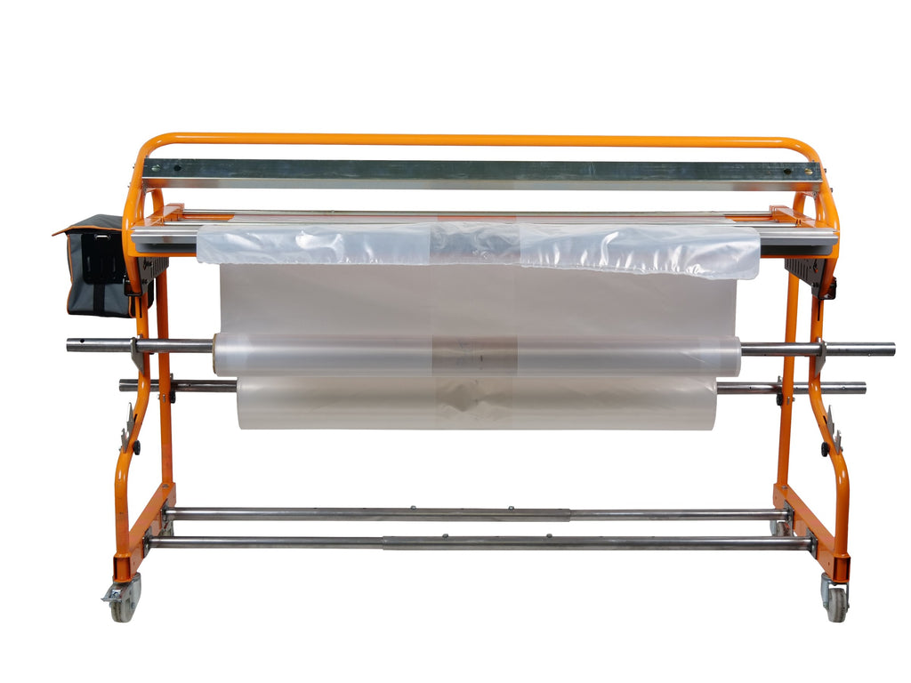 Ripack Multicover 955 manual shrink film sealer on an orange frame with a film roll