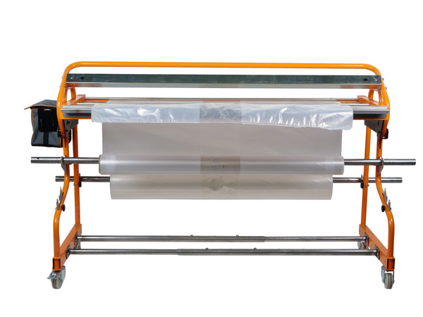 Ripack Multicover 955 manual shrink film sealer on an orange frame with a film roll
