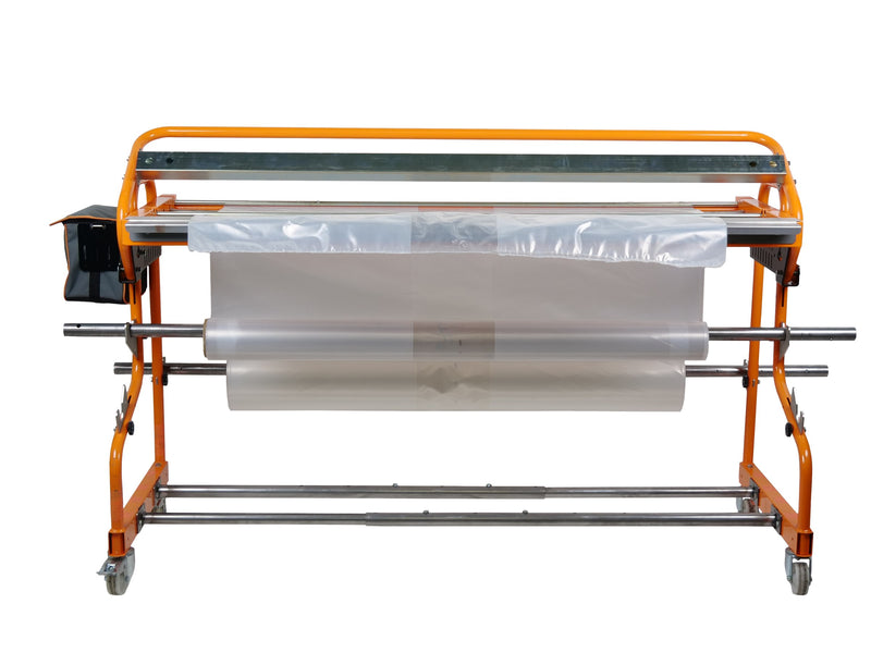 Ripack Multicover 955 manual shrink film sealer on an orange frame with a film roll