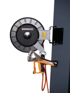 Ripack swivel hose winder wall-mounted with a heat gun hanging below