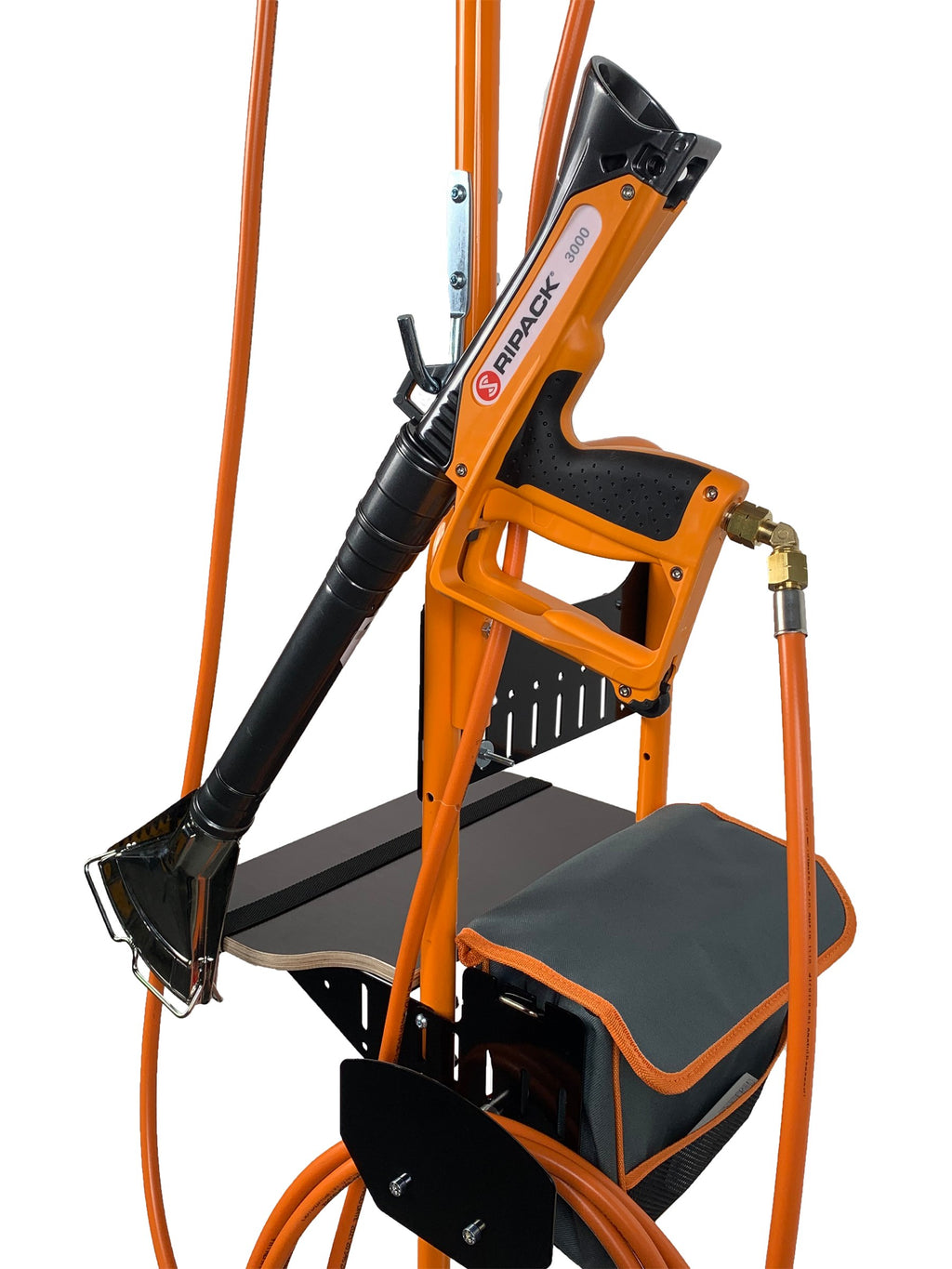 Ripack 936+ V5 trolley arm holding a heat gun above the shelf, close-up