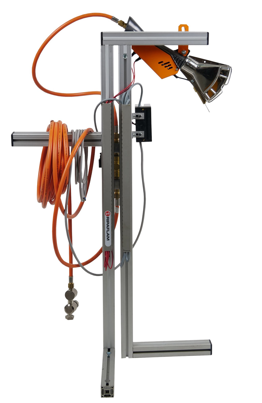 Ripack Ripaflam propane heat tool on a fixed stand with gas hose, side view