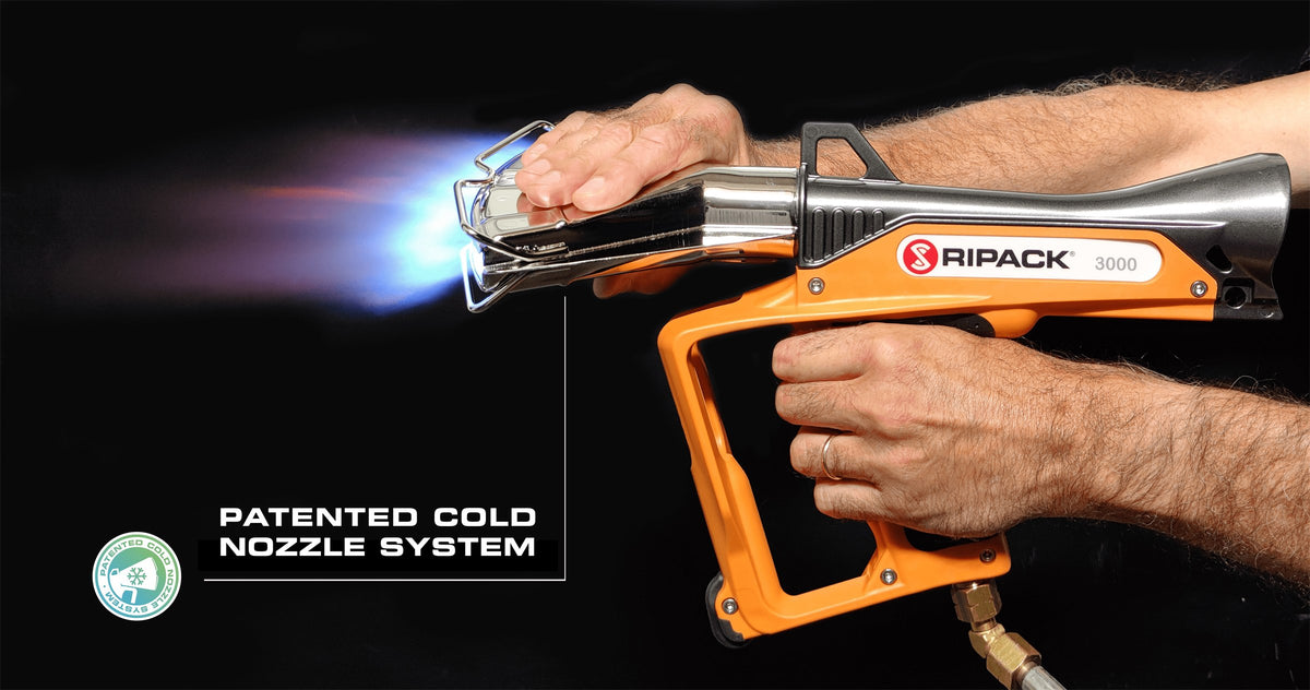 Ripack 3000 heat shrink gun with lit flame, hand touching the cold nozzle