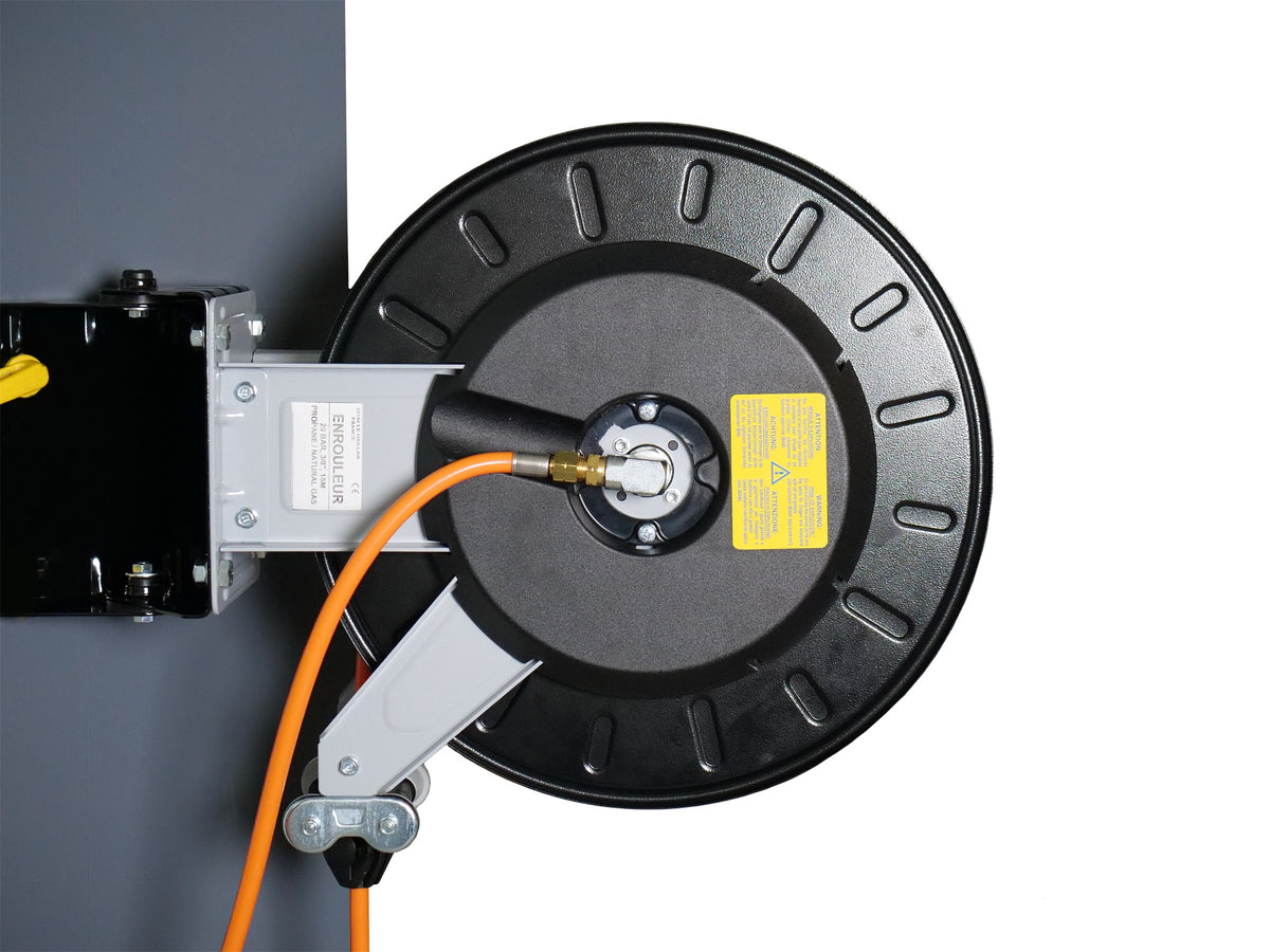 Ripack swivel hose winder bracket and hose connection, close-up