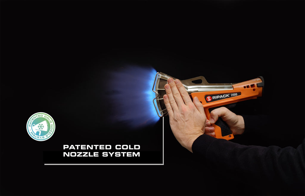 Ripack 2500 heat shrink gun with lit flame, hand touching the cold nozzle