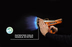Ripack 2500 heat shrink gun with lit flame, hand touching the cold nozzle