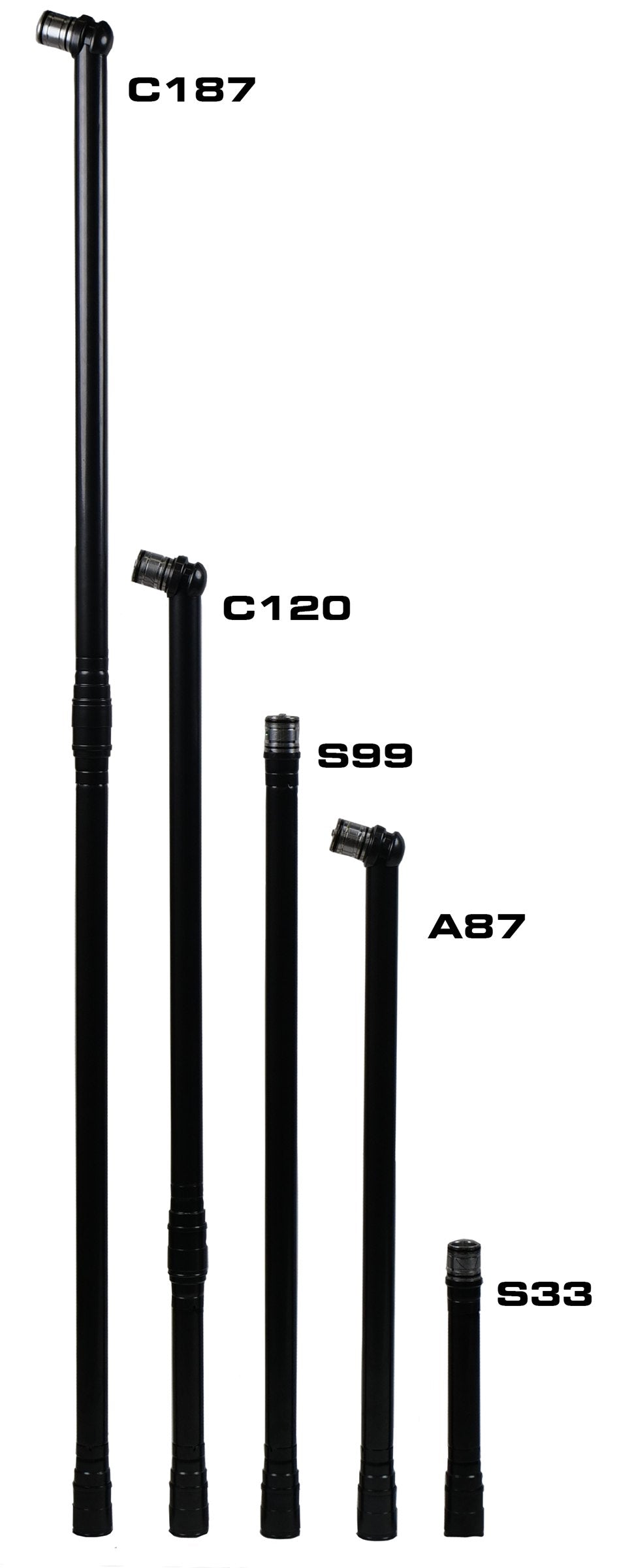 Ripack extension poles in five lengths side by side