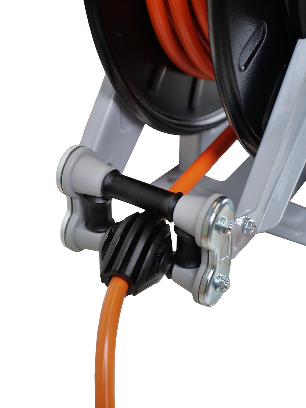 Ripack swivel hose winder guide rollers feeding the hose, close-up