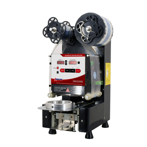 Omcan 44644 automatic cup sealing machine with film rolls and cup holder