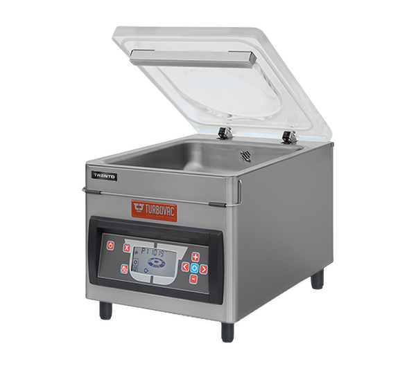 Turbovac TS20 tabletop chamber vacuum sealer by Omcan with dome lid open