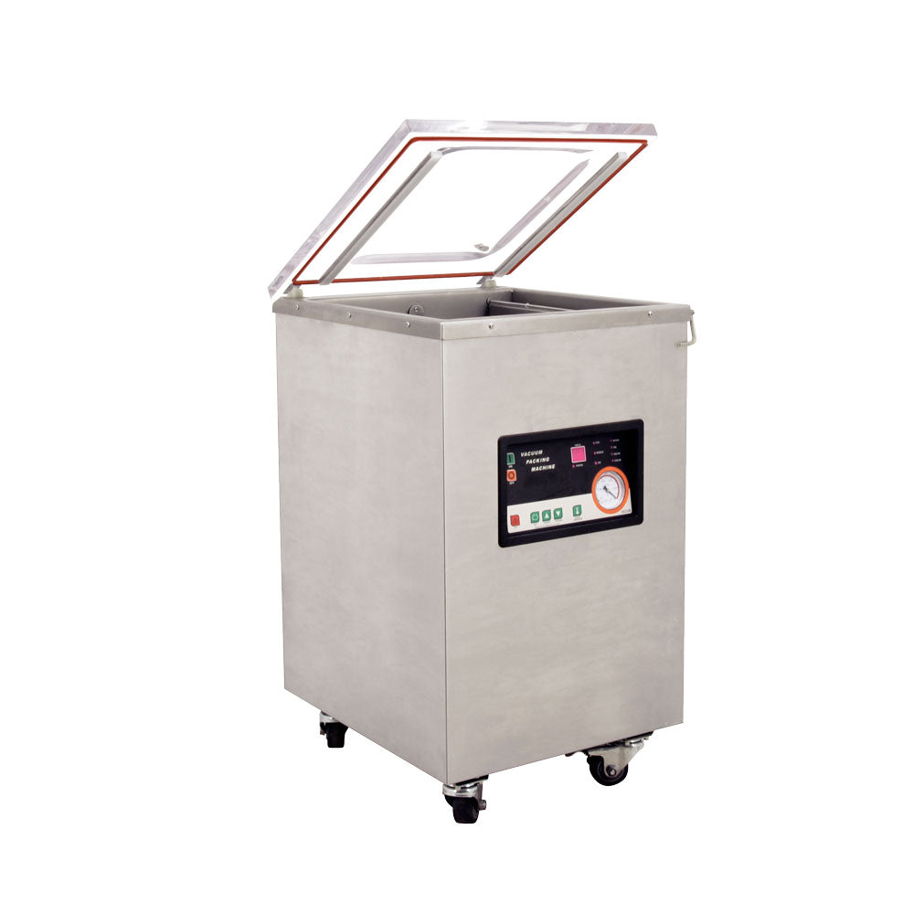 Omcan 24081 floor model chamber vacuum sealer with lid open