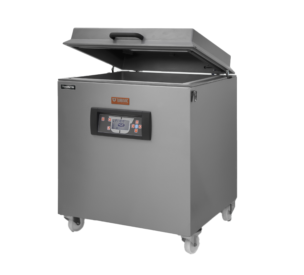 Turbovac M80-LS63 mobile chamber vacuum sealer by Omcan with lid open