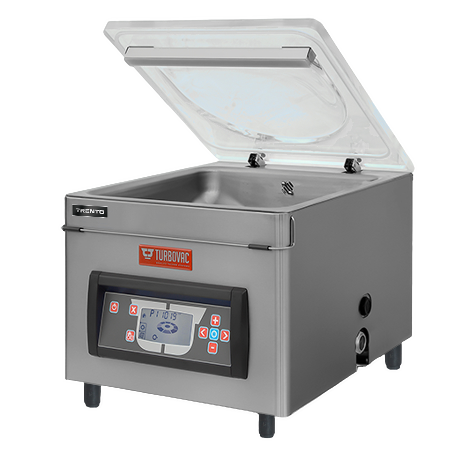 Turbovac TS40 tabletop chamber vacuum sealer by Omcan with lid open