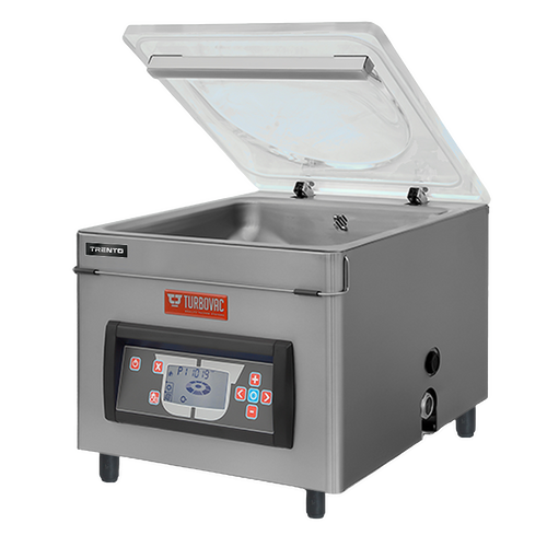 Turbovac TS40 tabletop chamber vacuum sealer by Omcan with lid open