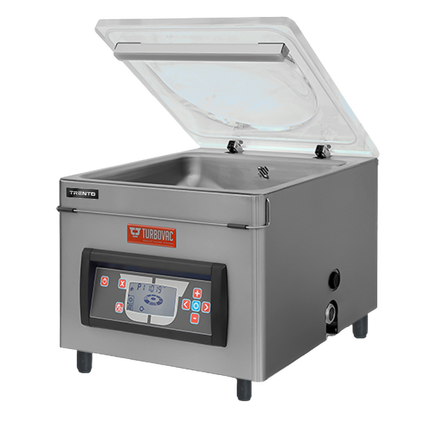 Turbovac TS40 tabletop chamber vacuum sealer by Omcan with lid open