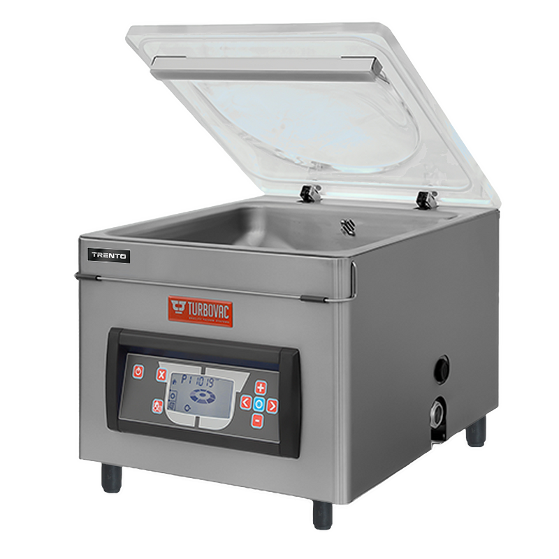 Turbovac TS40 tabletop chamber vacuum sealer by Omcan with lid open