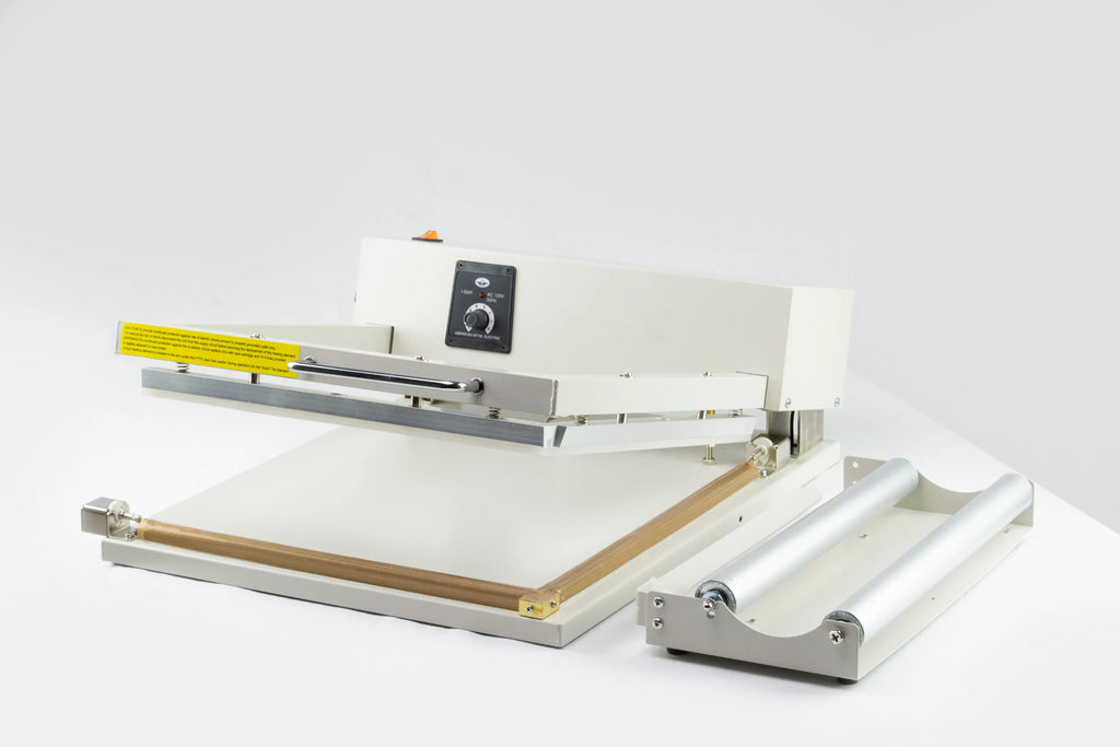 AIE L-bar shrink wrap system with film rack, front view