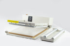 AIE L-bar shrink wrap system with film rack, front view