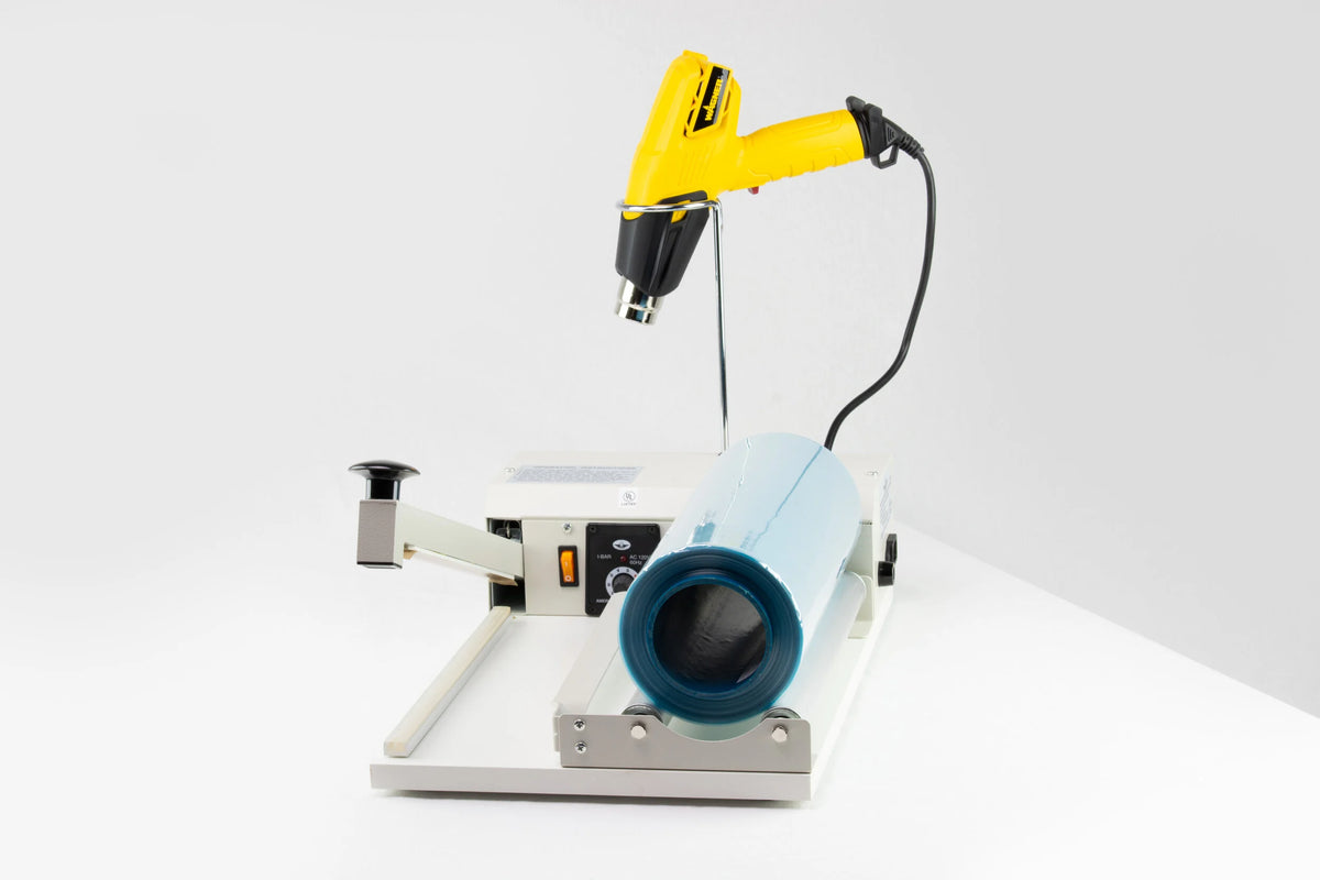 AIE-2040I 40-inch I-bar shrink wrap system with film roll, end view