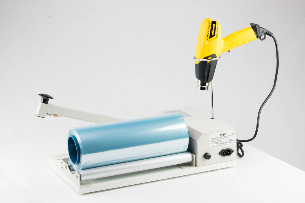 AIE-2040I 40-inch I-bar shrink wrap system with heat gun and film, rear view