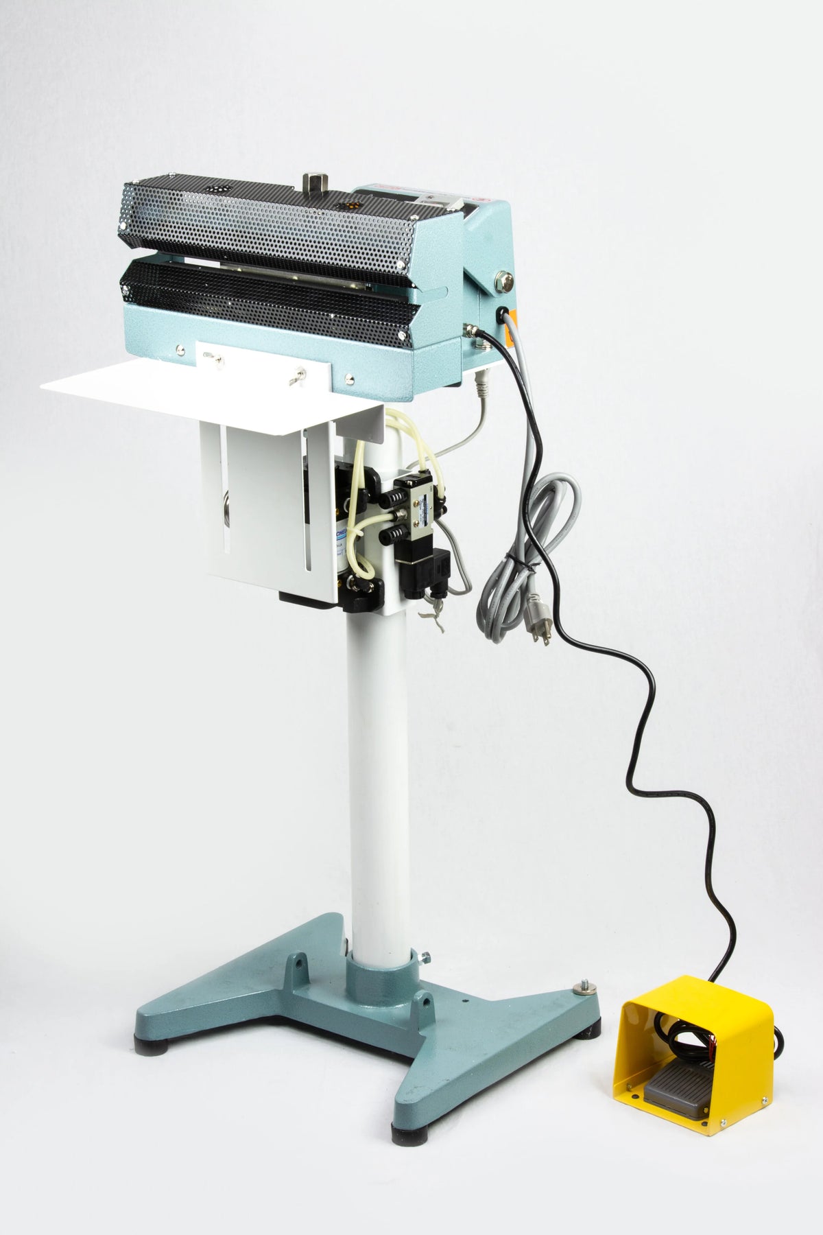 AIE AC Series pneumatic constant heat foot sealer on stand, side view