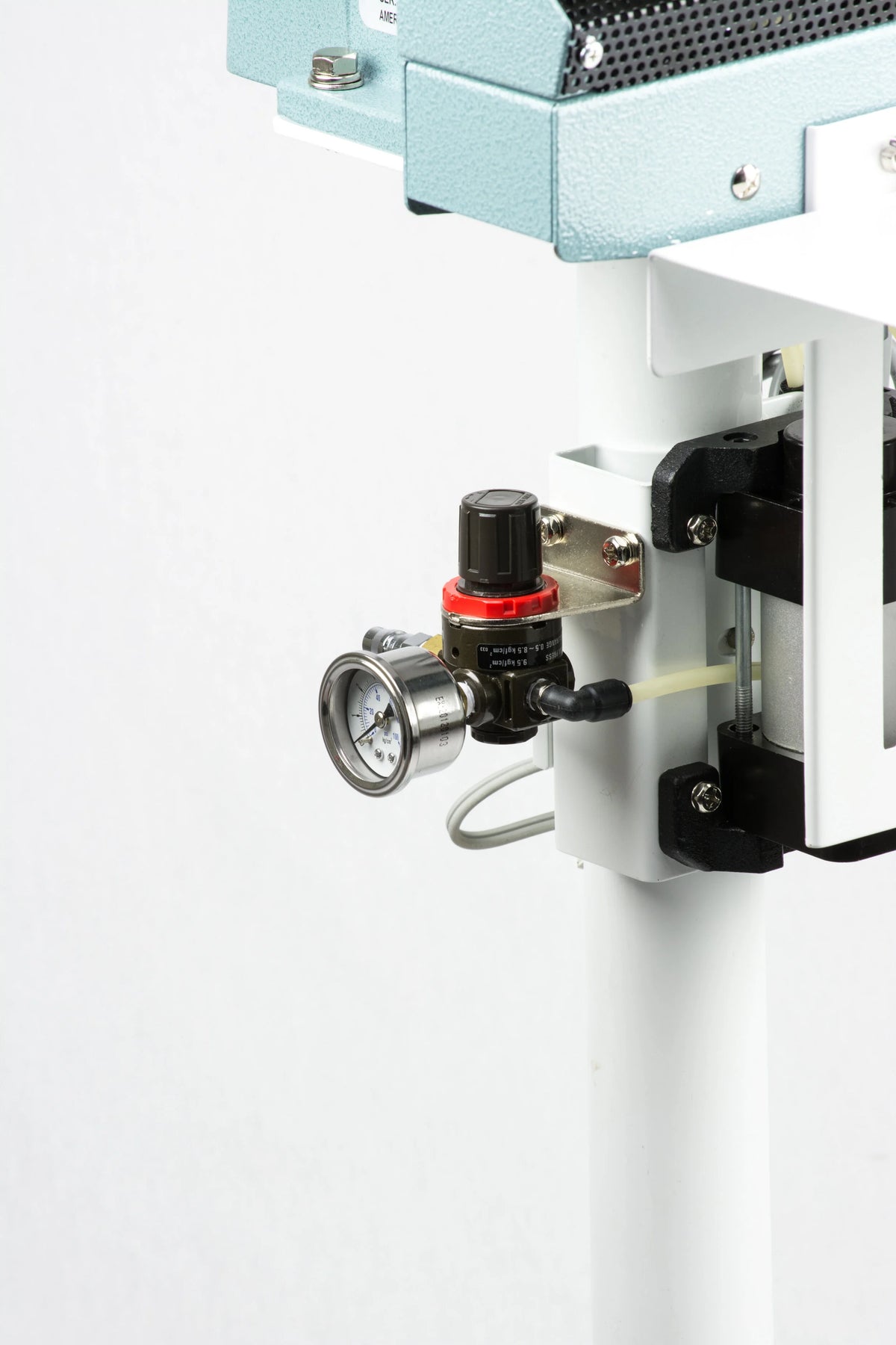 AIE AC Series pneumatic constant heat foot sealer air regulator and gauge, close-up