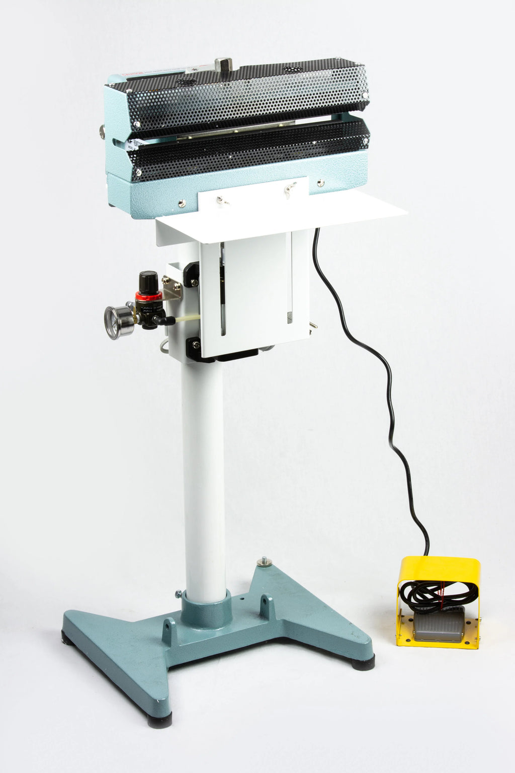 AIE AC Series pneumatic constant heat foot sealer on stand with work table and foot pedal