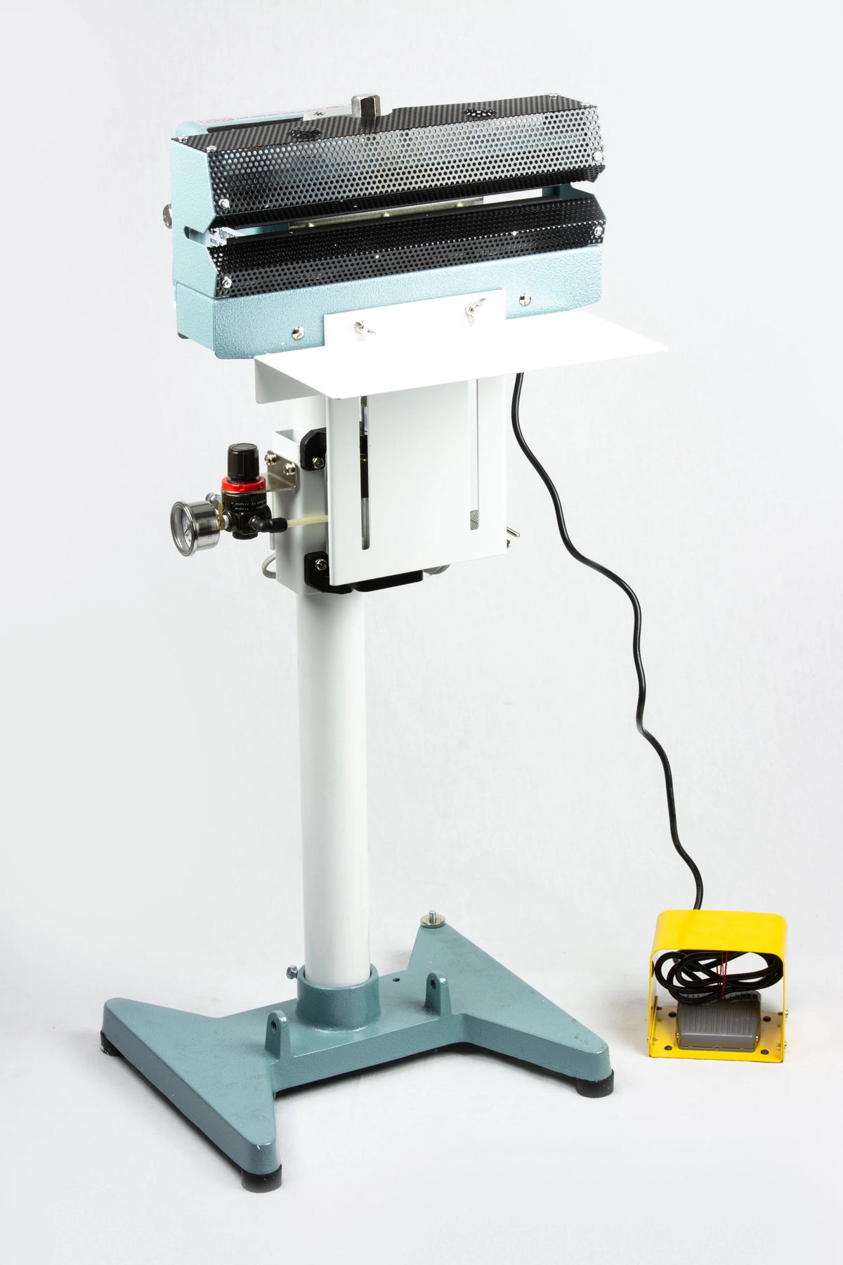 AIE AC Series pneumatic constant heat foot sealer on stand with work table and foot pedal