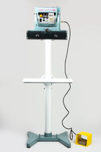 AIE CFV Series vertical constant heat foot sealer on stand with work table and foot pedal