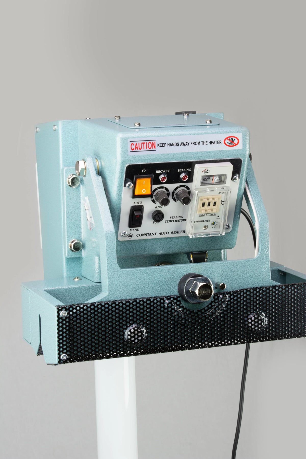 AIE CFV Series vertical constant heat foot sealer control panel, three-quarter view