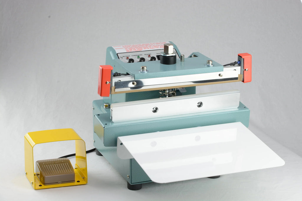 AIE FUA Series semi-automatic upper jaw impulse sealer, front view with foot pedal