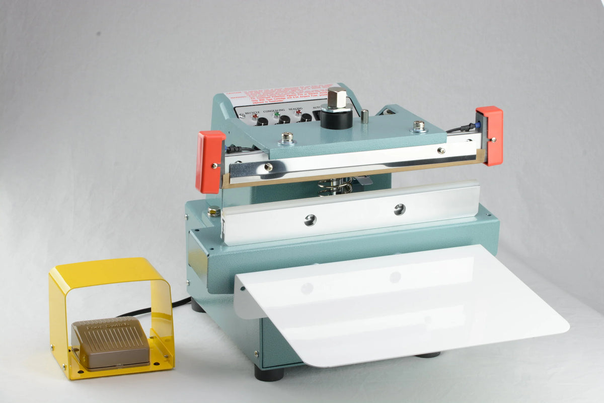 AIE FUA Series semi-automatic upper jaw impulse sealer, front view with foot pedal