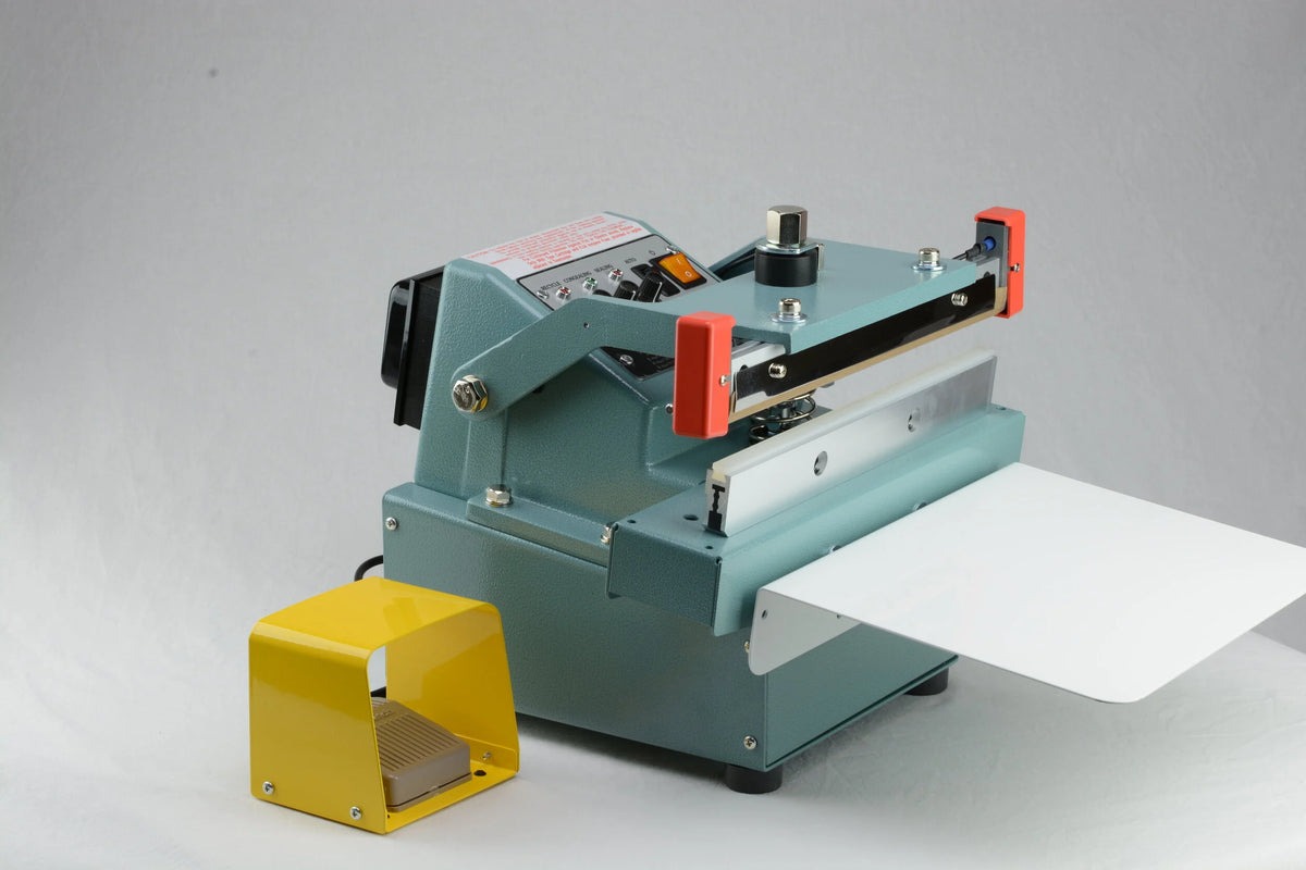 AIE FUA Series semi-automatic upper jaw impulse sealer, side view