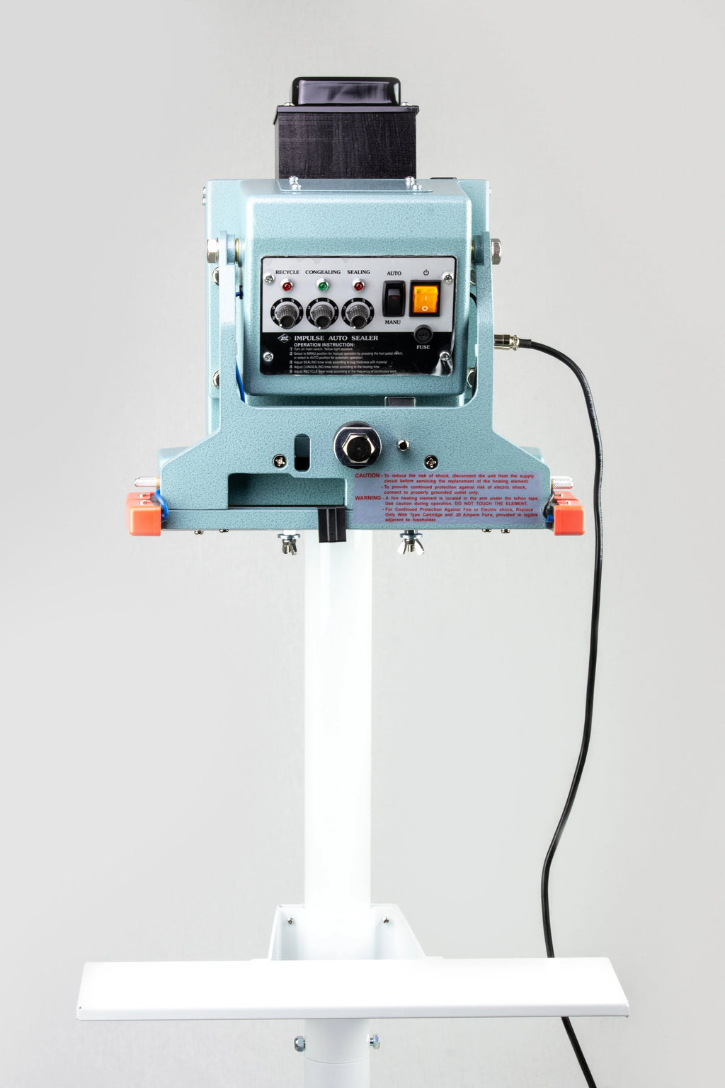 AIE FDV Series vertical double impulse foot sealer sealing head and control panel, front view