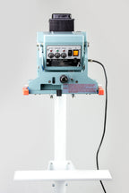 AIE FDV Series vertical double impulse foot sealer sealing head and control panel, front view