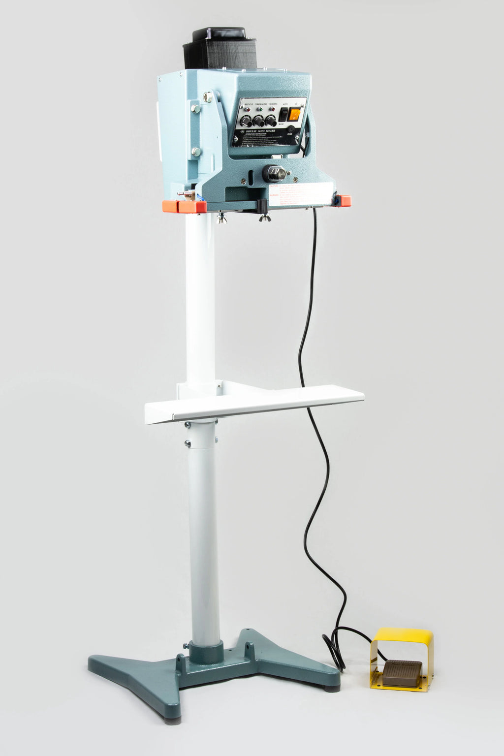 AIE FDV Series vertical double impulse foot sealer on stand with foot pedal