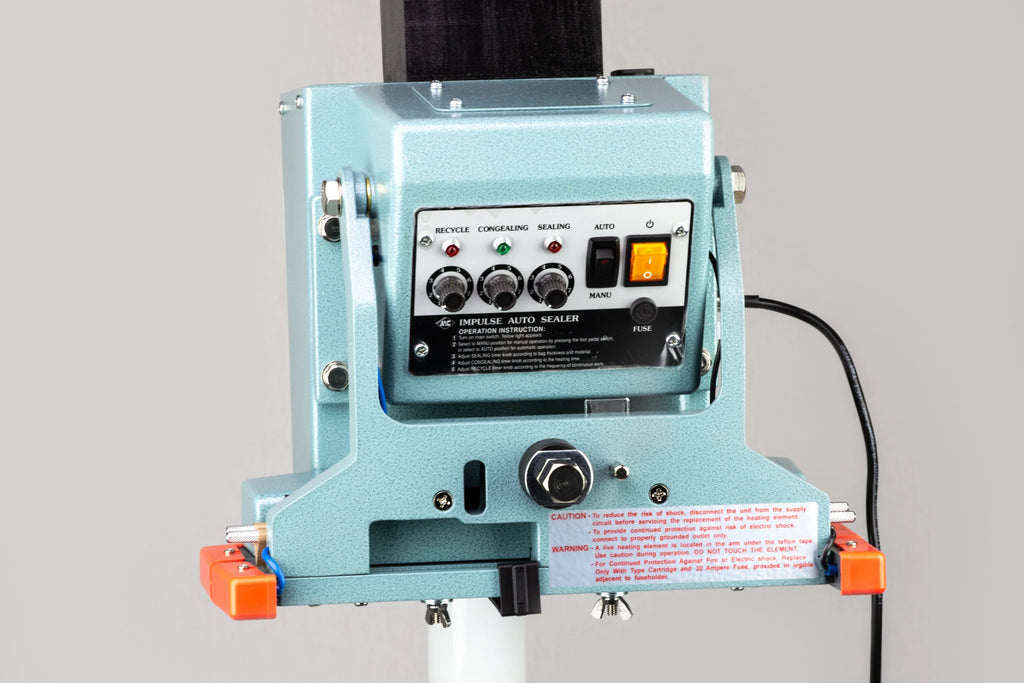 AIE FDV Series vertical double impulse foot sealer control panel and vertical jaws, close-up