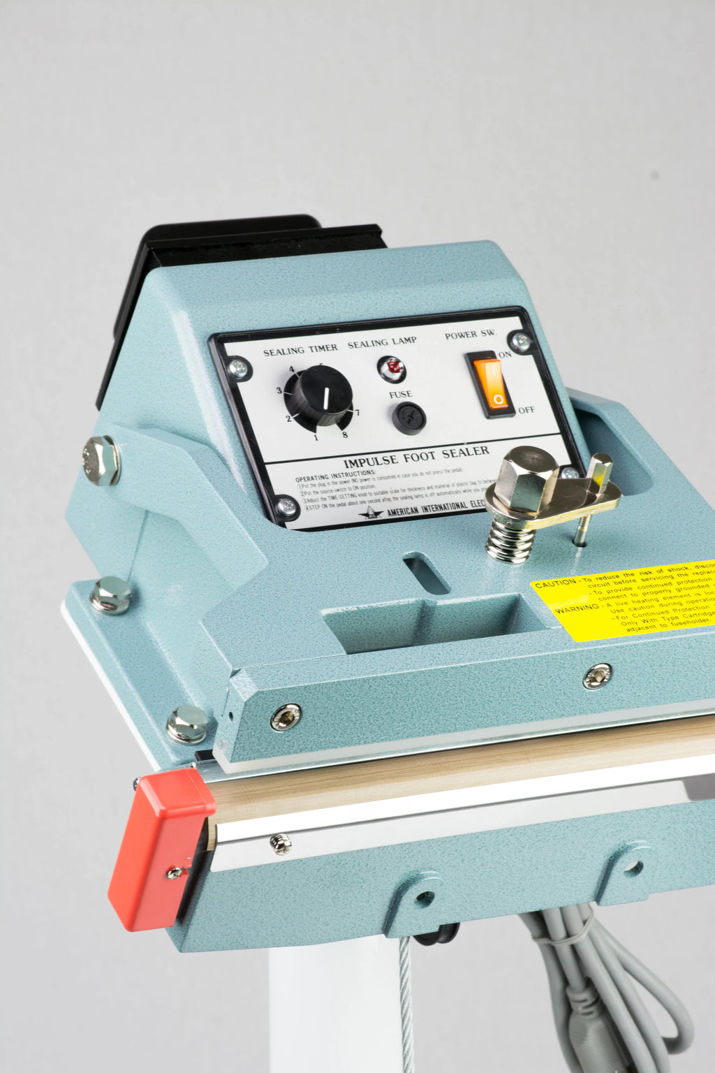 AIE FIT Series tilt angle impulse foot sealer control panel and seal bar, close-up