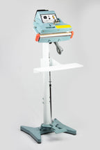 AIE FIT Series tilt angle impulse foot sealer on stand with heavy duty work table