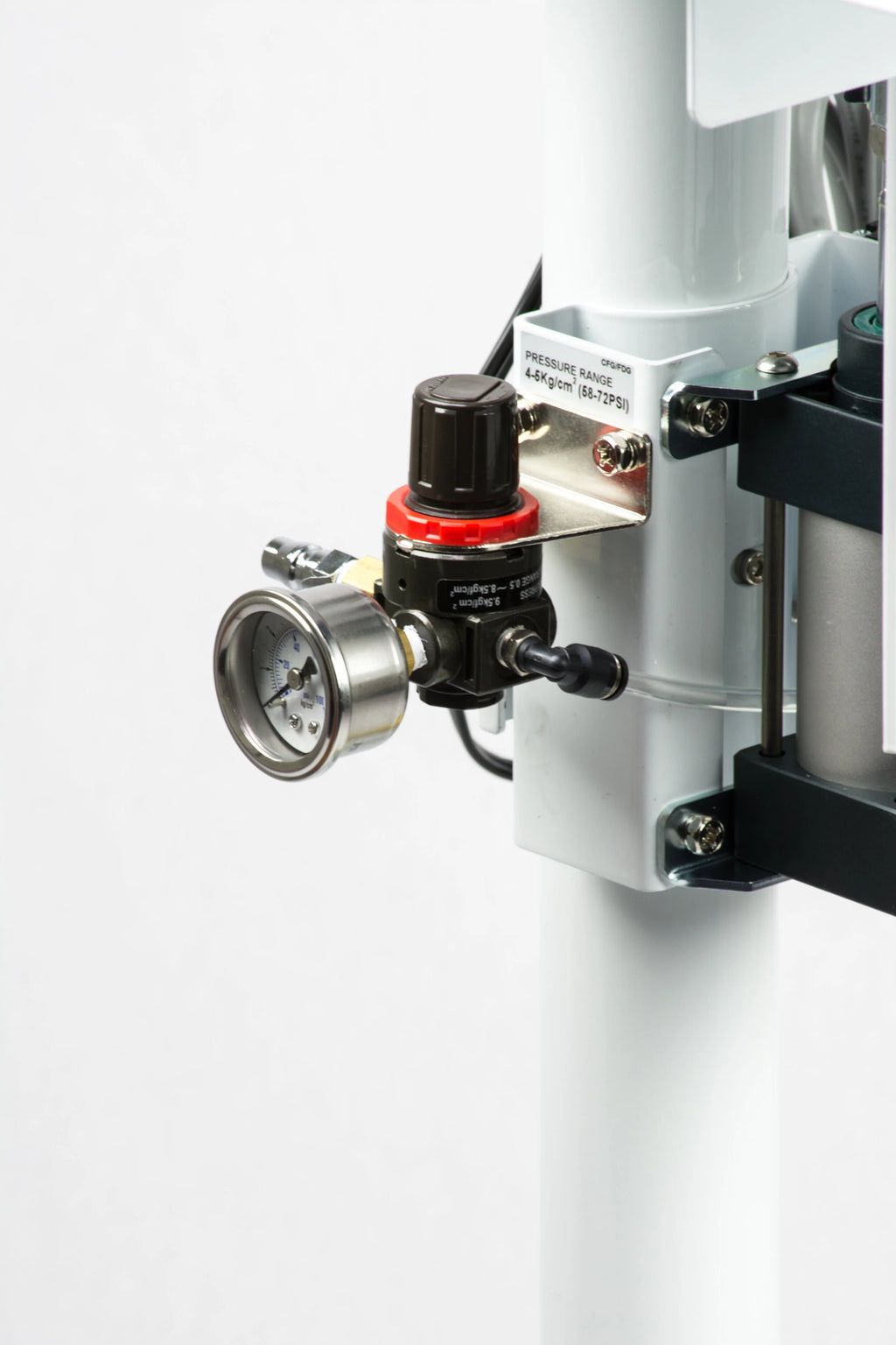 AIE FA Series pneumatic impulse foot sealer air pressure regulator and gauge, close-up