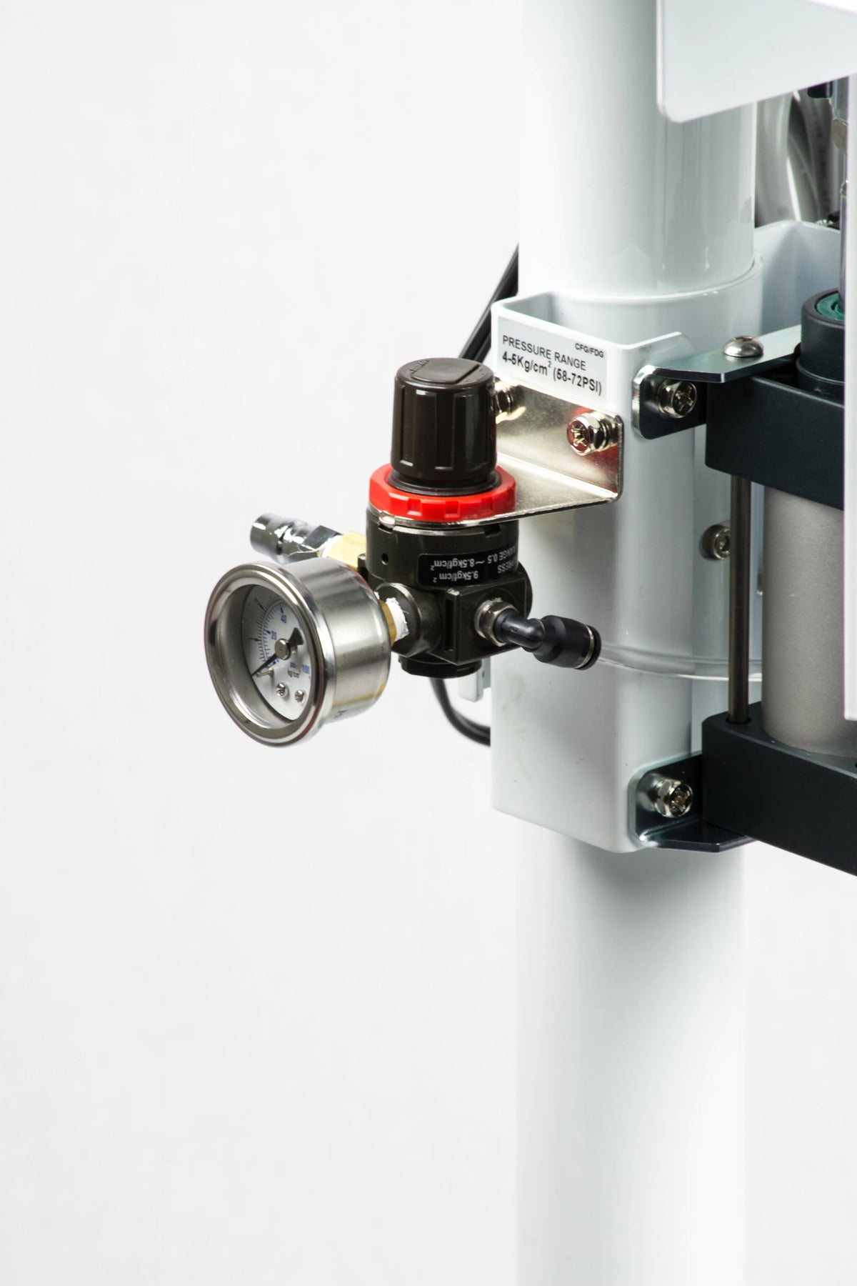 AIE FA Series pneumatic impulse foot sealer air pressure regulator and gauge, close-up