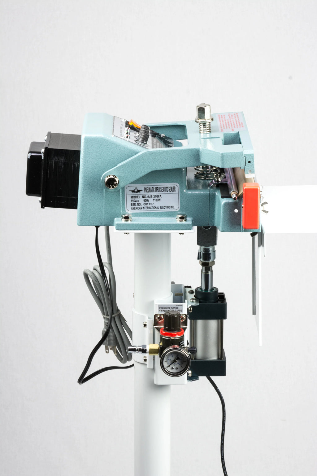 AIE FA Series pneumatic impulse foot sealer sealing head and pneumatic cylinder, side view