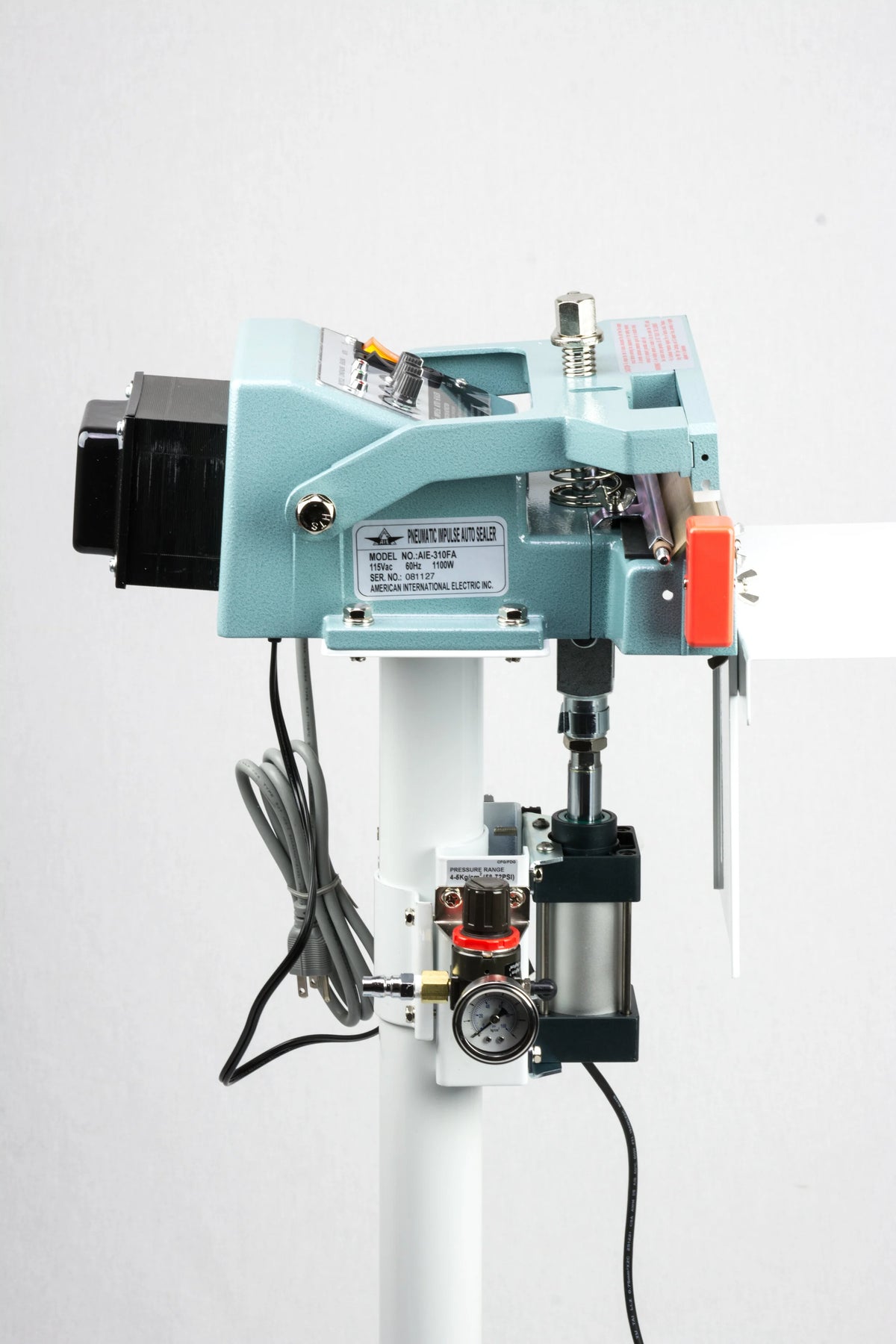 AIE FA Series pneumatic impulse foot sealer sealing head and pneumatic cylinder, side view