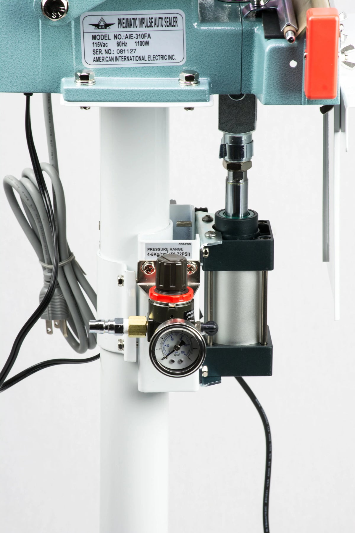 AIE FA Series pneumatic impulse foot sealer pneumatic cylinder and regulator under the head, close-up