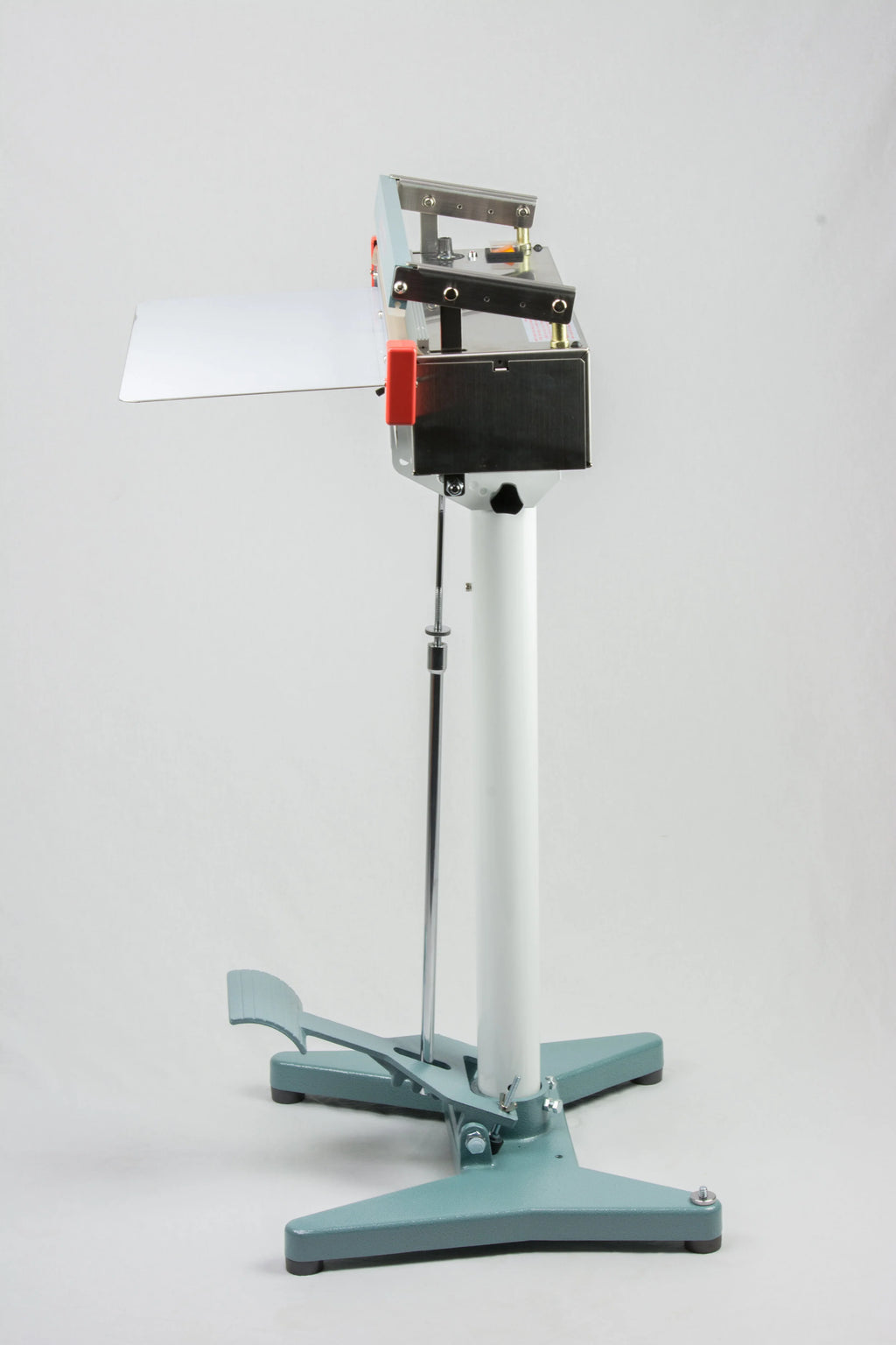 AIE FS Series stainless steel foot sealer with foot pedal, side view