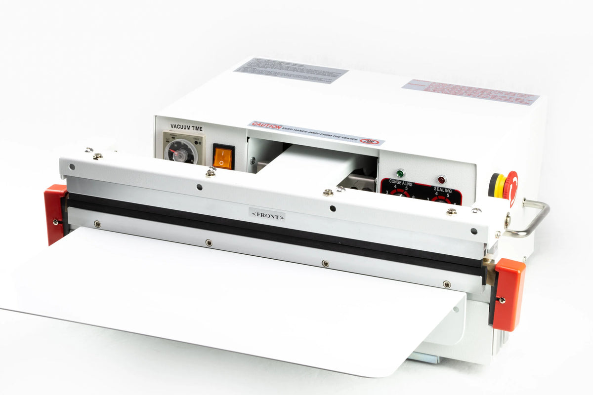 AIE VA Series nozzle vacuum impulse sealer seal bar and control panel, three-quarter view
