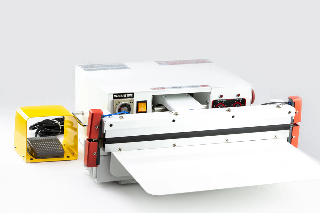 AIE VAD Series double seal nozzle vacuum sealer, front view with foot pedal