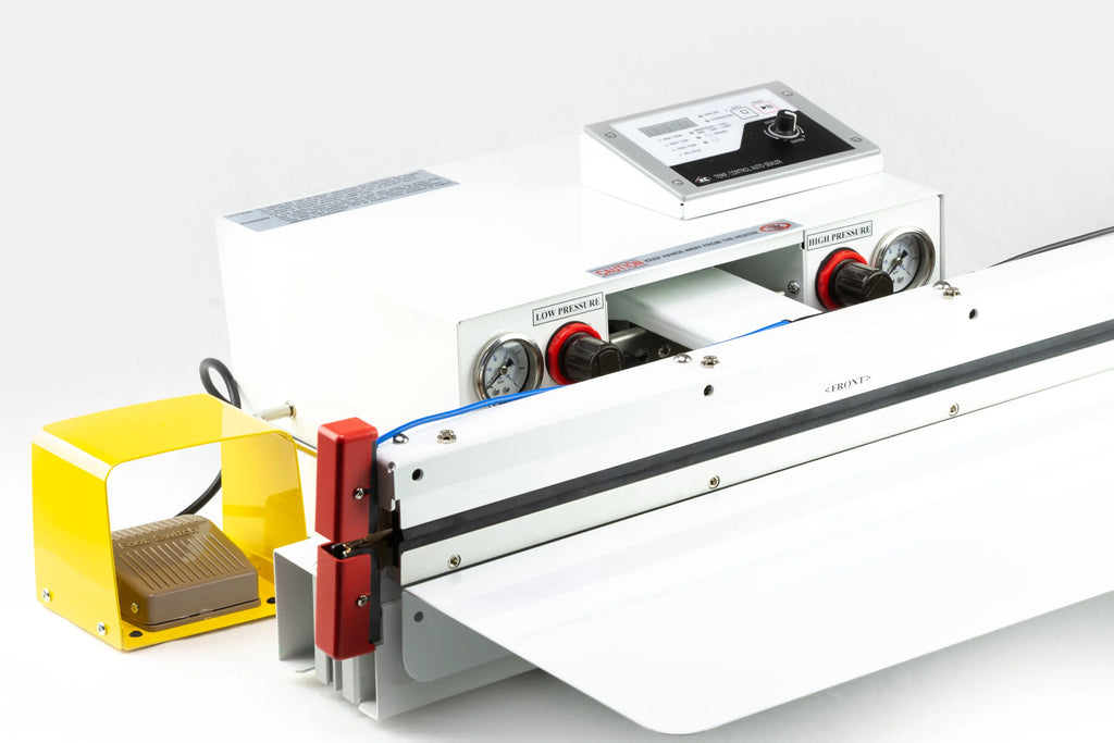 AIE GSD Series gas flush double seal vacuum sealer, front view with foot pedal