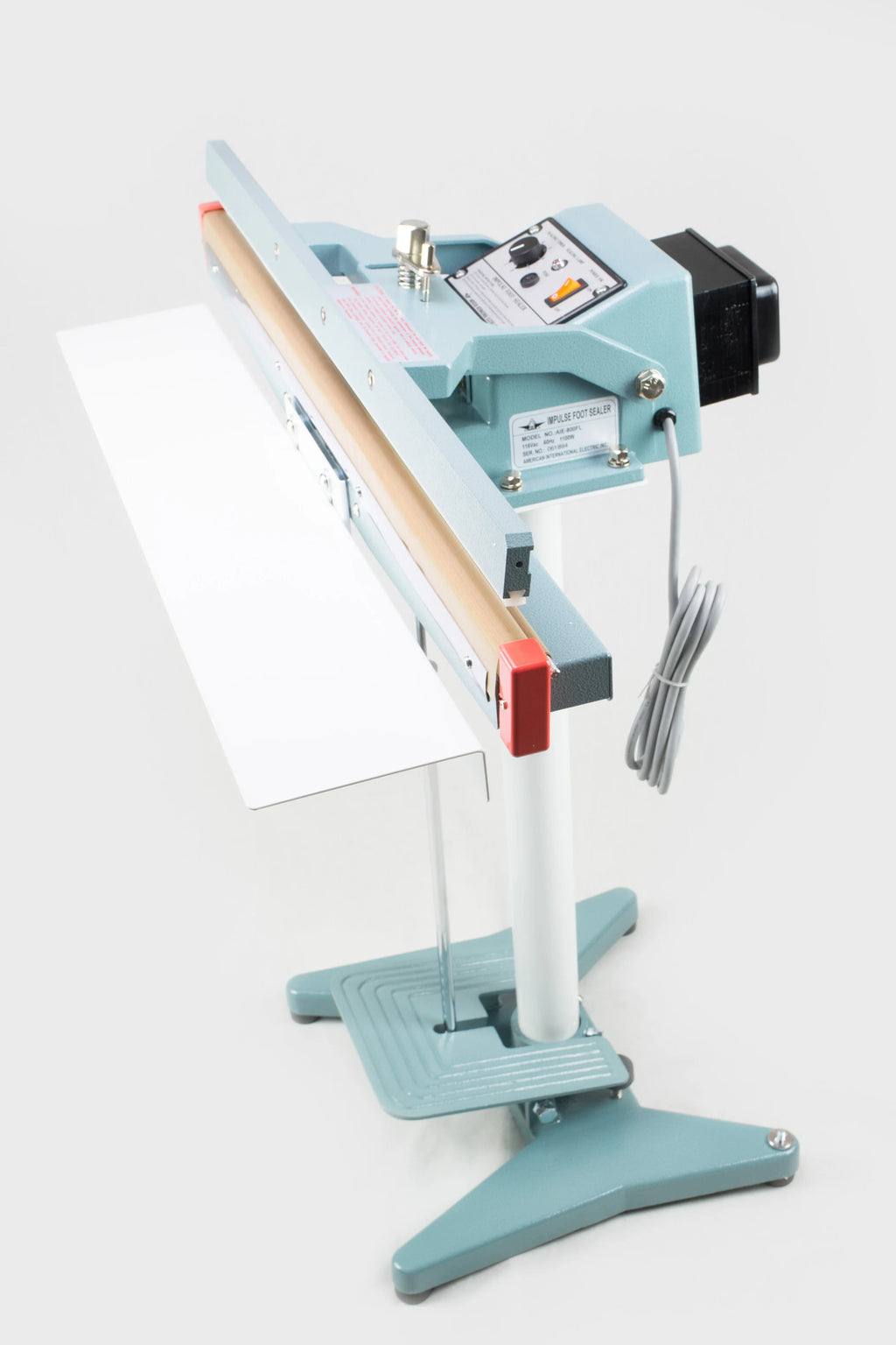 AIE FL Series impulse foot sealer with control box and timer, three-quarter view